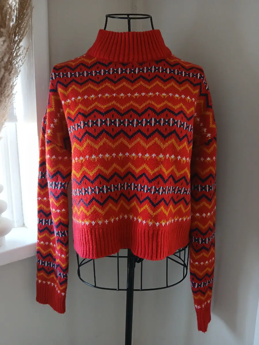 Wednesday’s Girl Fair Isle Turtleneck Jumper | Red Multi | Size S | Cropped Retro