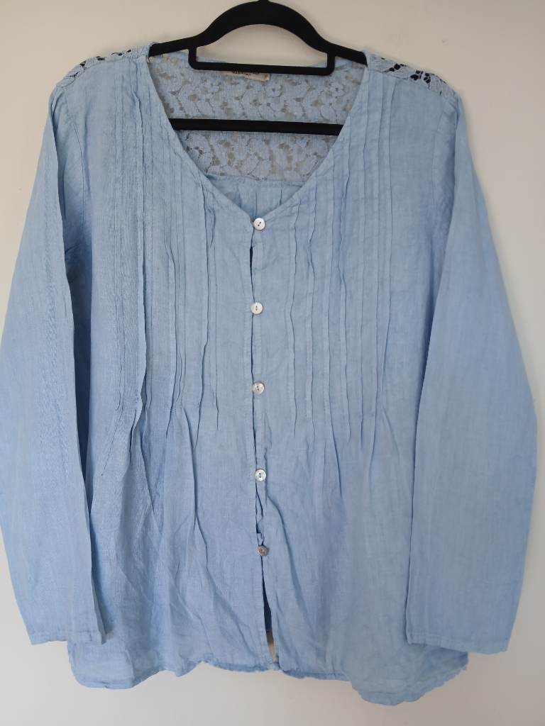 Valentina Naldi Made in Italy Light Blue Linen Blend Lace Blouse Top | Size S | Boho