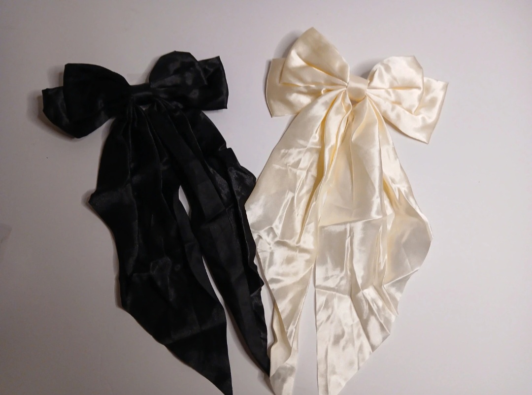 Shein Large Satin Hair Bow Set | Black & Cream | Long Tail Design