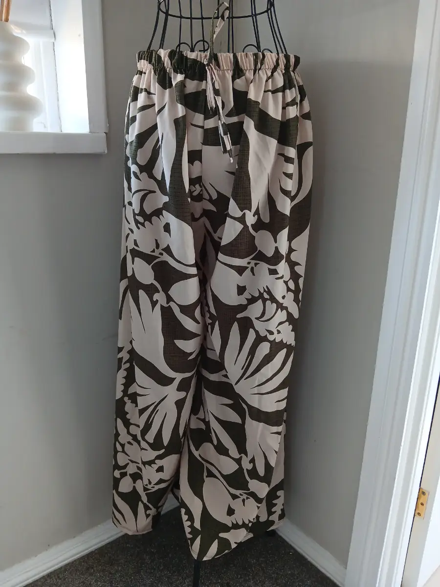 Wide Leg Summer Trousers | Cream & Khaki Green Print | Flowy Summer Trousers