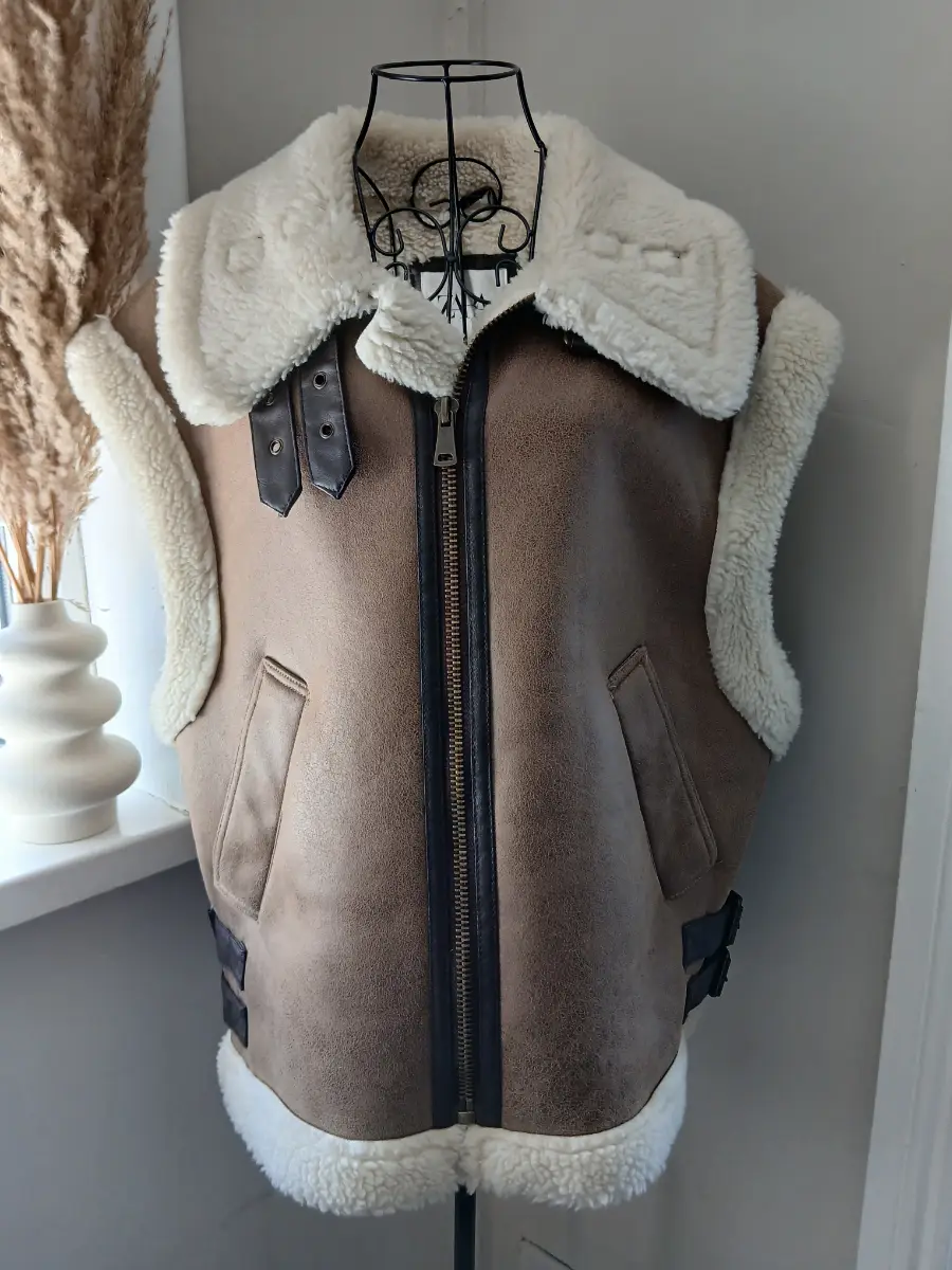 Zara Faux Shearling Aviator Gilet | Tan | Size L | Borg Fleece | Biker | Faux Suede | Winter