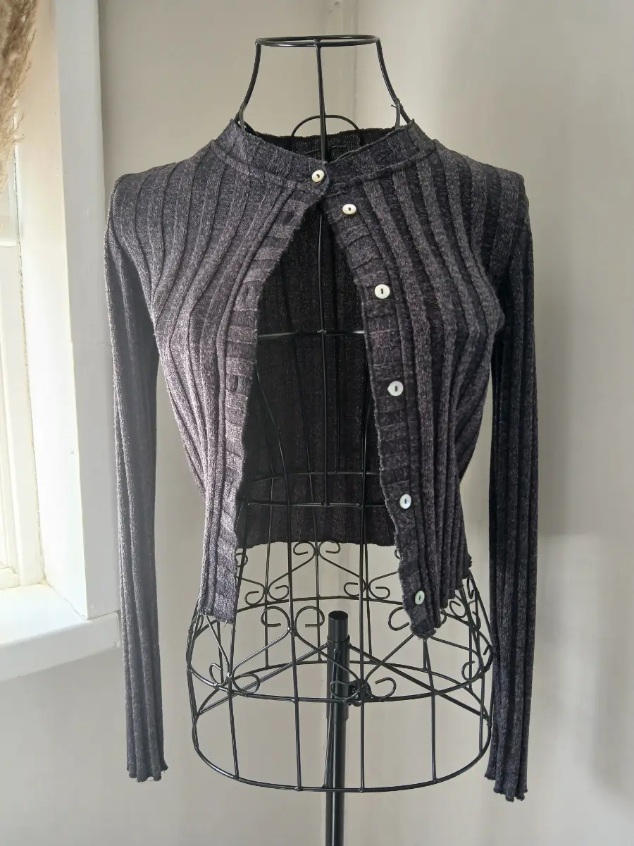 Zara Deep Purple Ribbed Cropped Cardigan | Long Sleeve Button Front | Size S UK 8-10