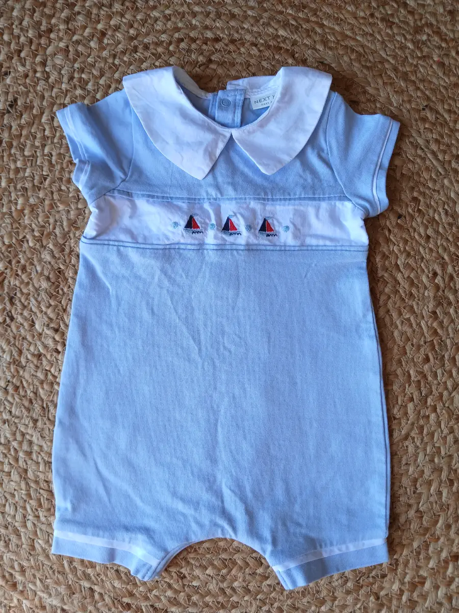 Next Baby Blue Sailboat Romper | Up To 3 Months | Peter Pan Collar | Summer Outfit