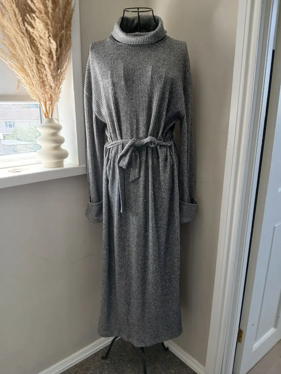 F&F Grey Ribbed Roll Neck Midi Dress | UK 14 | Cosy Belted Jumper Dress