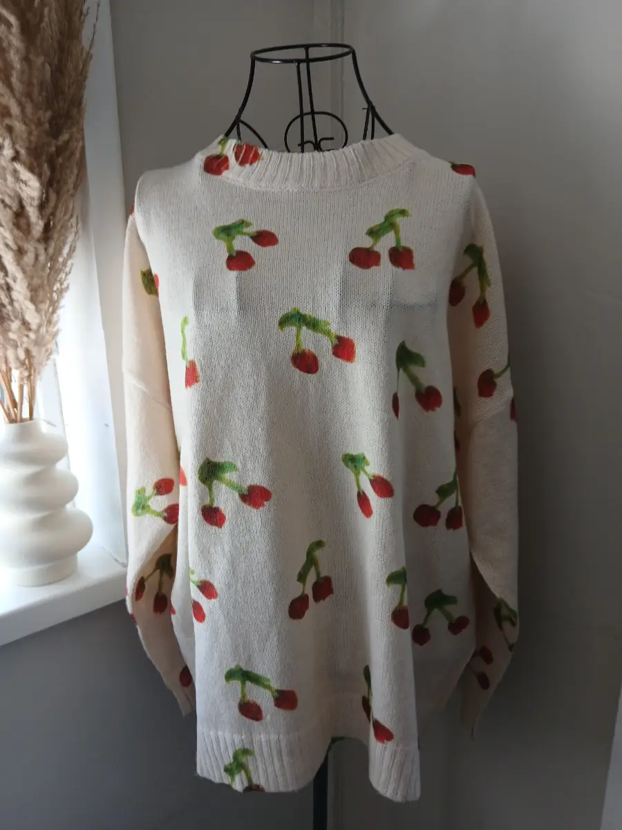 SHEIN Curve Cherry Print Jumper | XL | Cream Knit Sweater