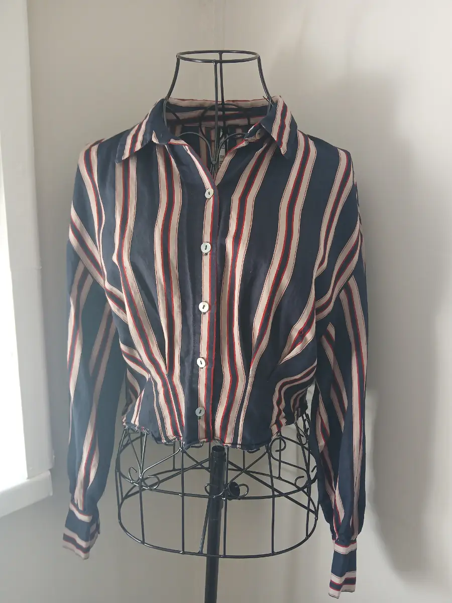 Zara TRF Cropped Striped Shirt | Navy Beige Red | Size XS UK 6‑8 | Button Down