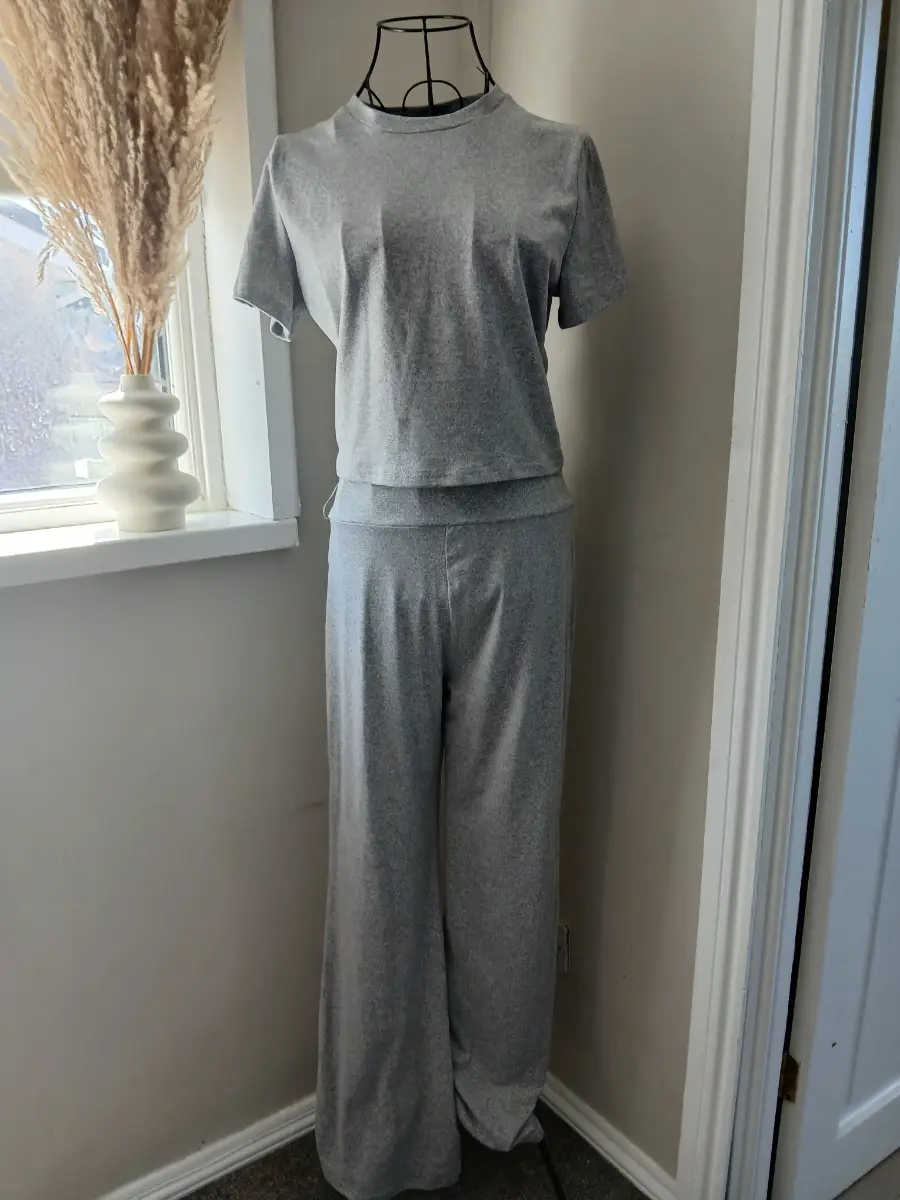 Shein Grey Co-ord Set | Crop Top & Wide Leg Trousers | Size L UK 12-14