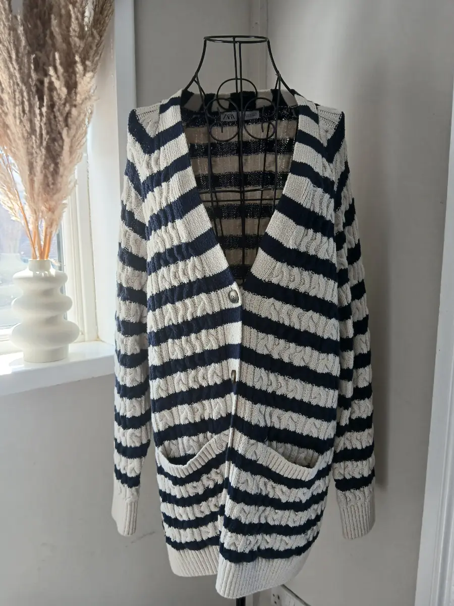 Zara Navy Cream Striped Cable Knit Cardigan | Slouchy Oversized | Size M UK 10-12
