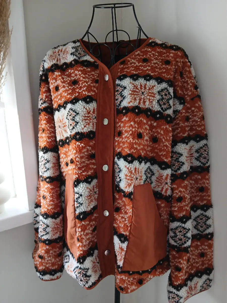 Cider Aztec Fleece Jacket | Rust Orange White Black | Size M UK 10‑12 | Southwestern Print