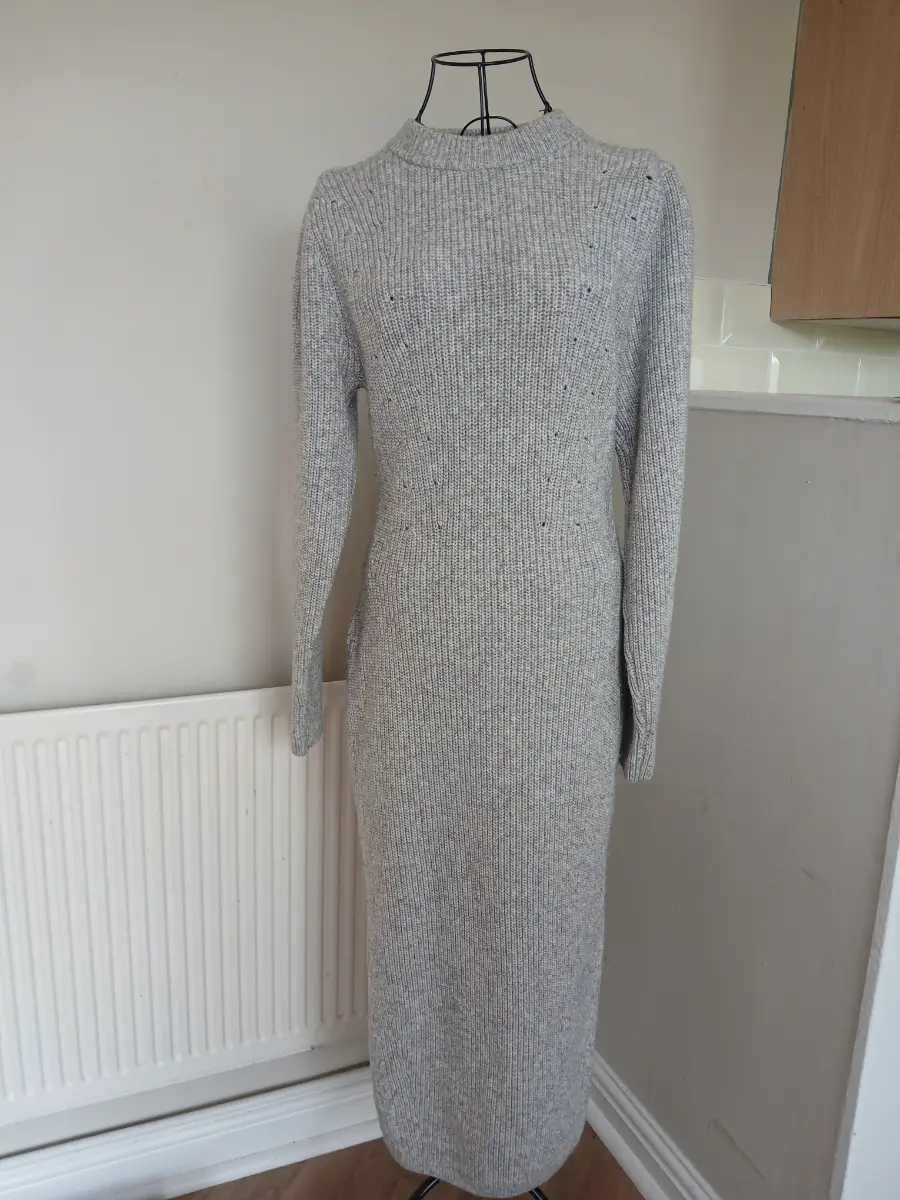 H&M Grey Ribbed Knit Midi Dress | Size M UK 10-12 | Long Sleeve Bodycon
