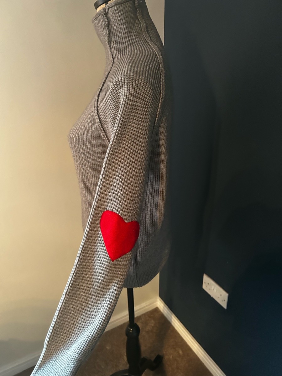Chicwish Grey Ribbed Roll Neck Jumper – Red Heart Elbow Patches, Size S/M
