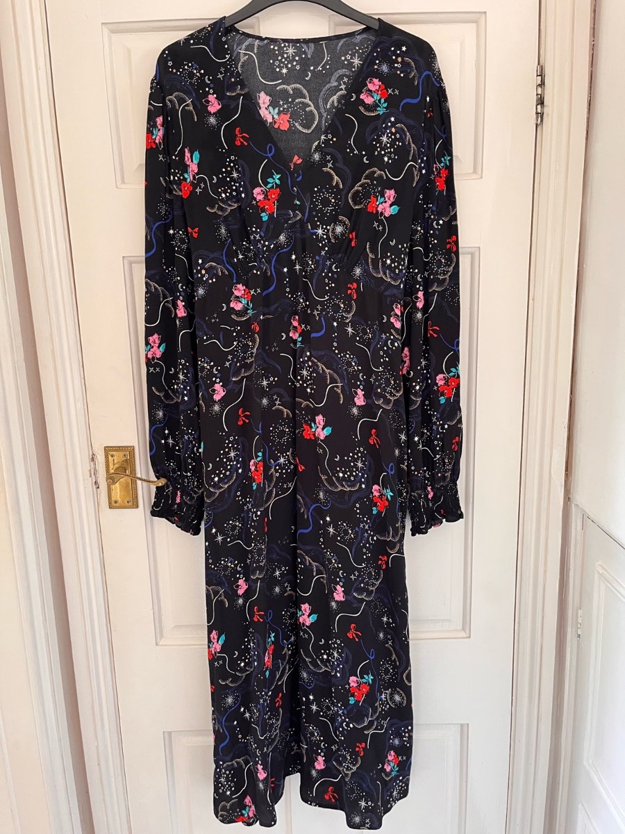 M&S black star & floral print midi dress, size 16