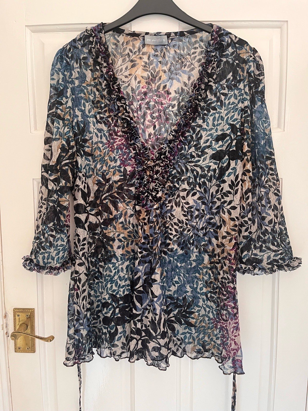 Per Una black & teal floral top, v neck, waist tie, size 16