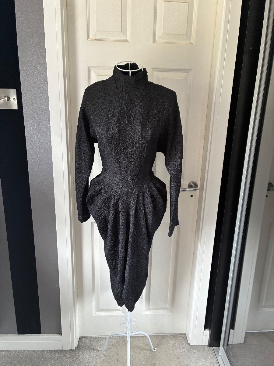 Vintage 1980s Black Jacquard Sculptural Puff Hip Cocktail Dress