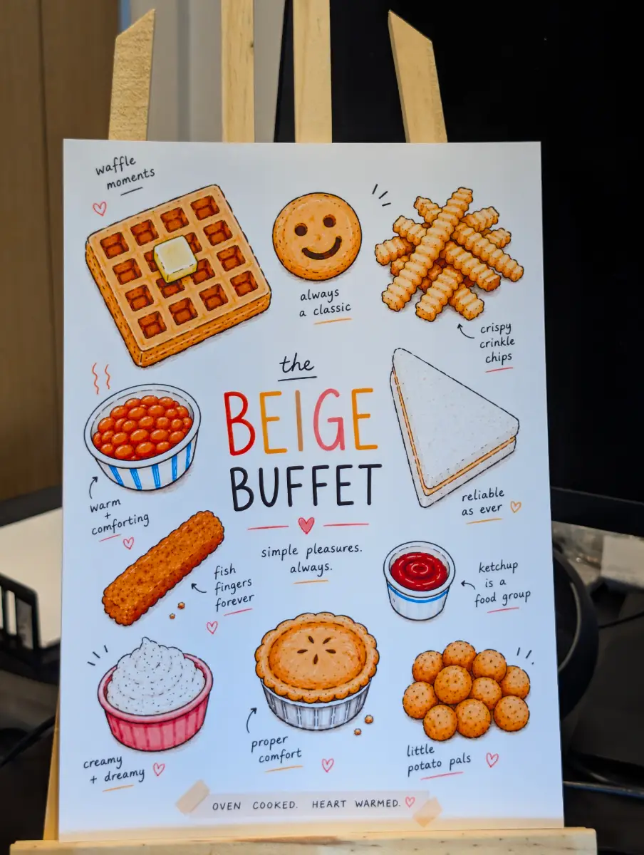 Funny Beige Buffet Kitchen Print | British Comfort Food A4 Wall Art