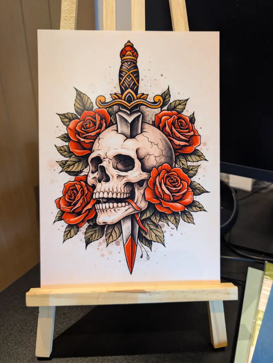 Traditional Tattoo Skull & Roses A4 Wall Print | Gothic Decor