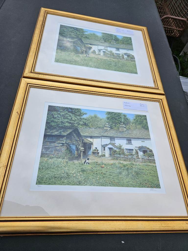 2x vintage gold framed working dog farmer pictures