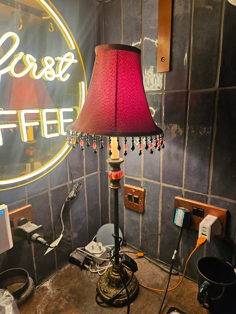 Antique burgundy flocked tassled table lamp