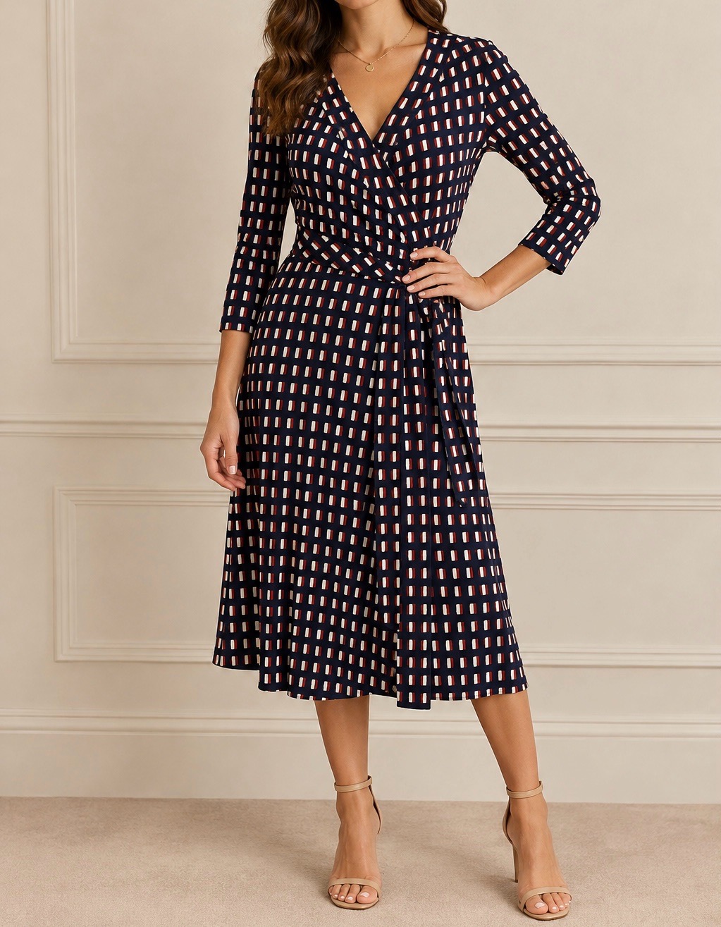 Geometric Print Wrap Dress Navy Red Cream Long Sleeve Midi Dress