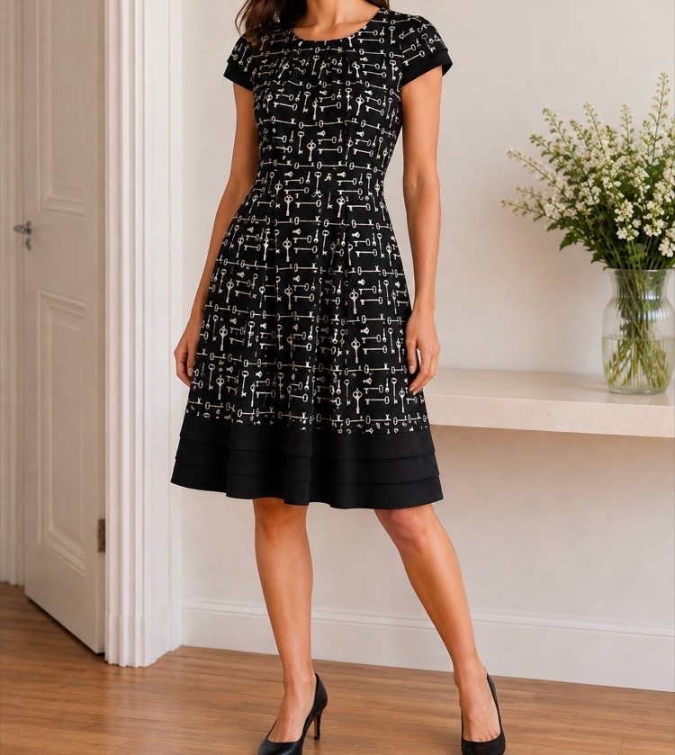 Olivia Rubin London Dress Size 10 Black White Key Print Short Sleeve A-Line