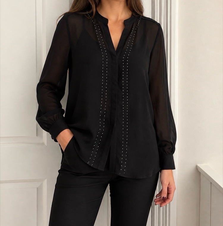 Black Sheer Blouse - Stud Detail - Long Sleeve