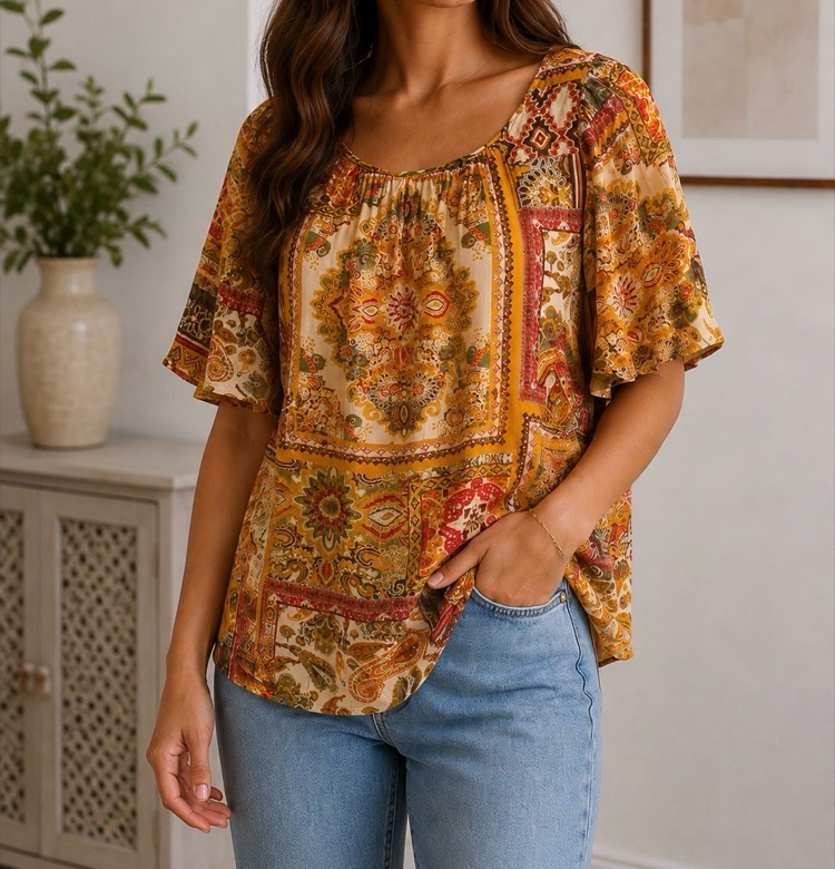 Boho Paisley Print Blouse - Mustard Rust Floral Tunic Top - Floaty Short Sleeve