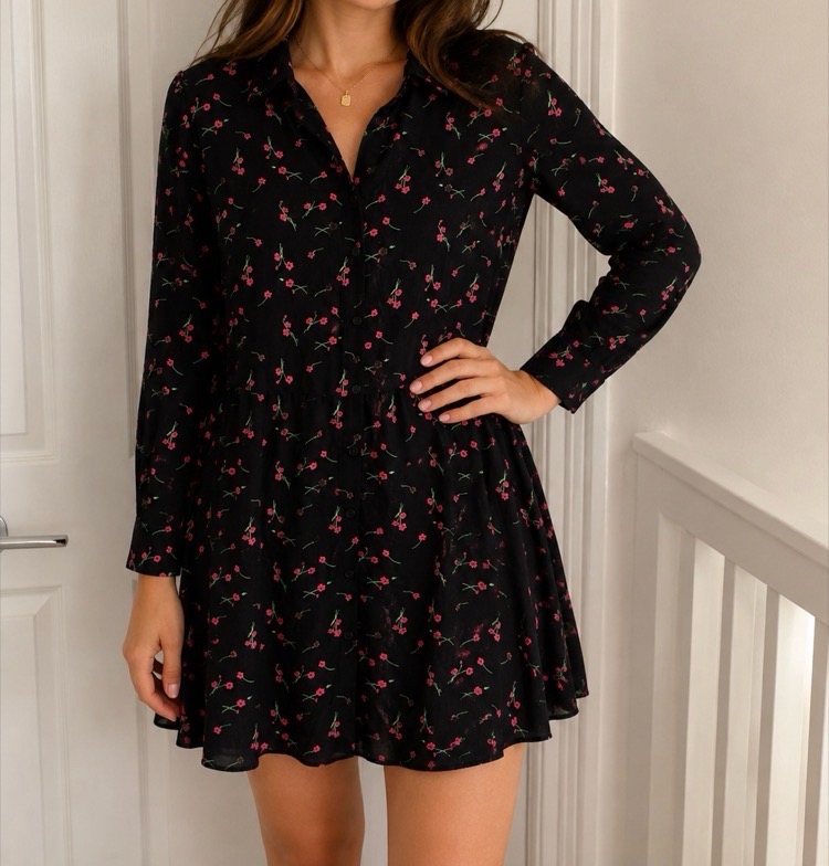 Miss Selfridge Black Floral Mini Dress - Long Sleeve