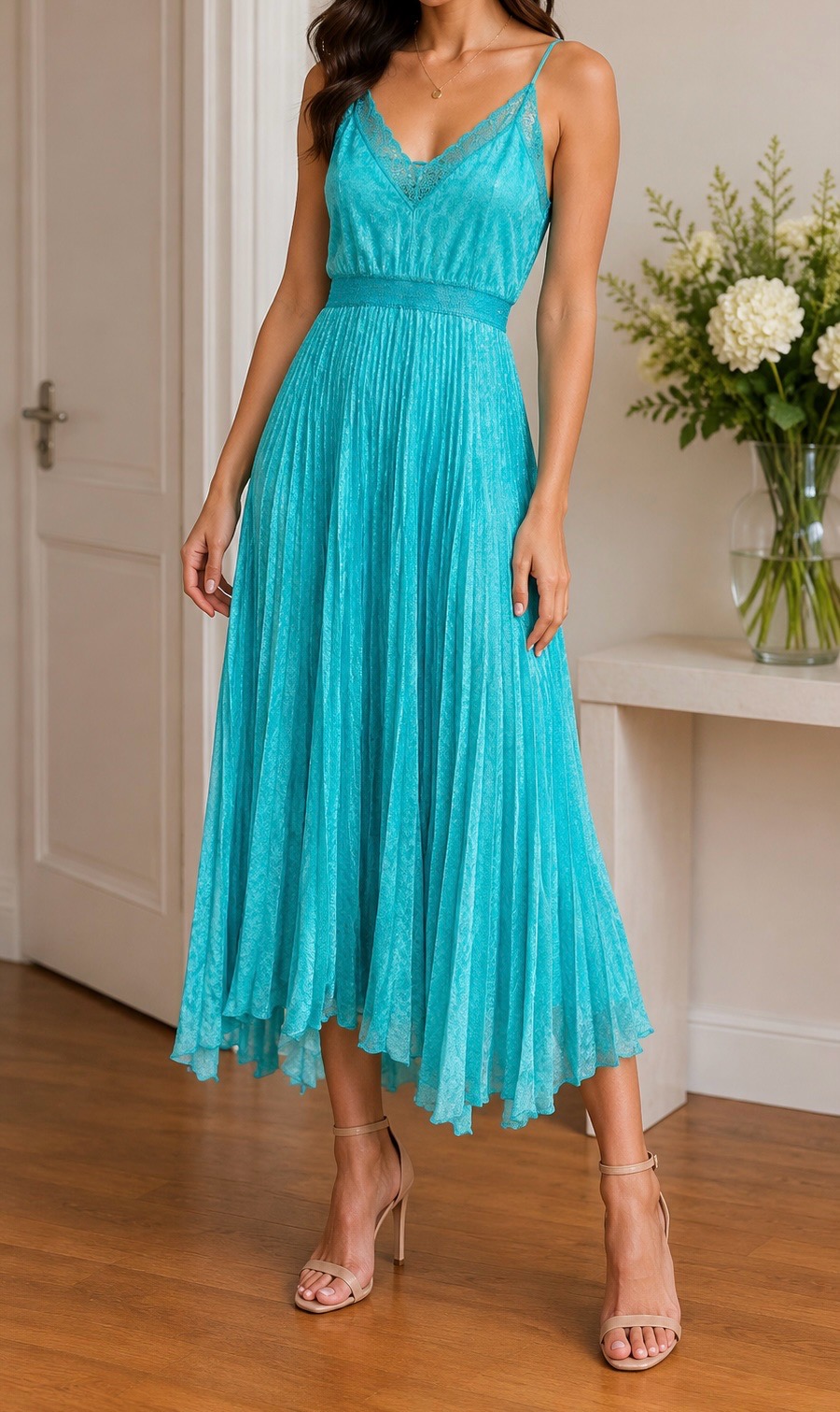 Turquoise Teal Lace Maxi Dress – Strappy Pleated Long Evening Party Dress