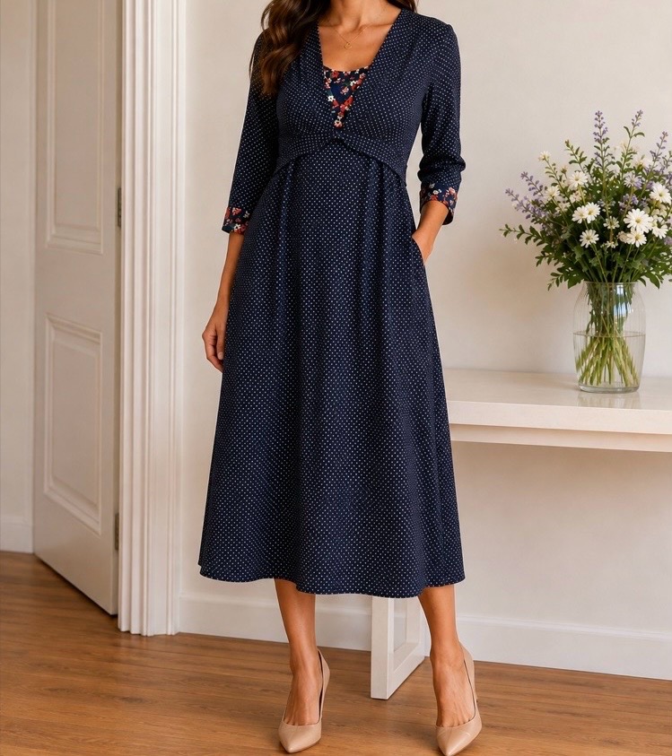 Cath Kidston Tea Dress Size 10 Navy Blue Polka Dot Floral Midi Vintage Style