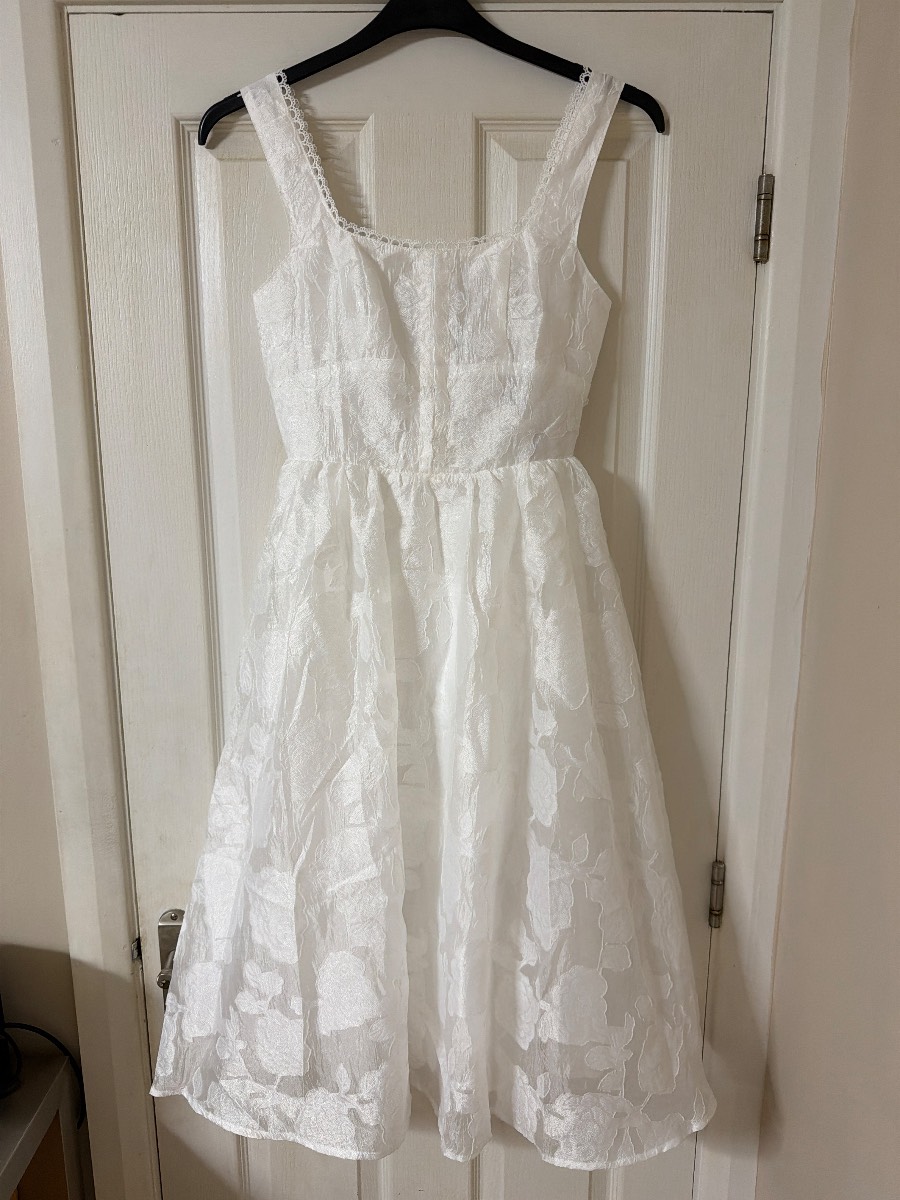 RIHOAS White Jacquard Shirred Slip Midi Dress Size s