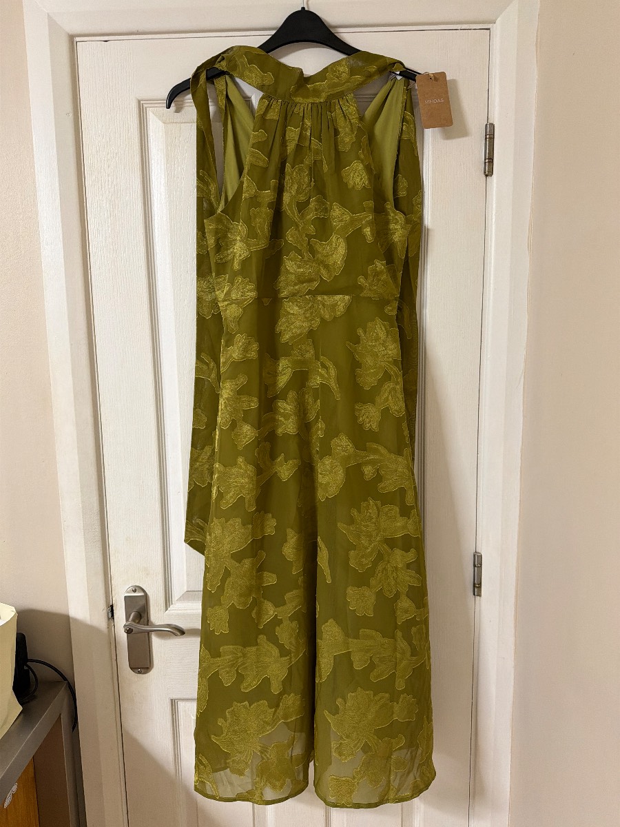 RIHOAS The Green Jacquard Ruched Halter Midi Dress Size s