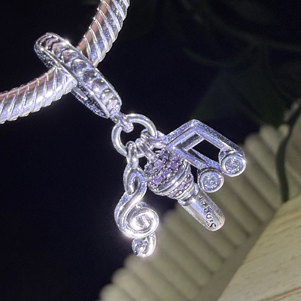 Silver 925 Music Charm with singer microphone and musical notes.