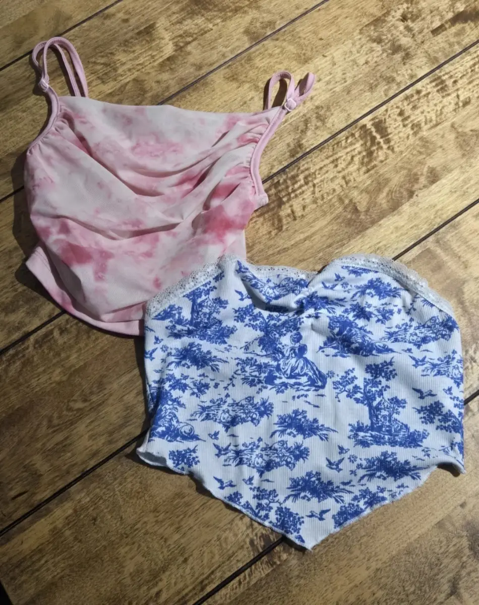 SHEIN Crop Top Bundle XS UK6 Blue Toile Pink Tie‑Dye Coquette Y2K Summer