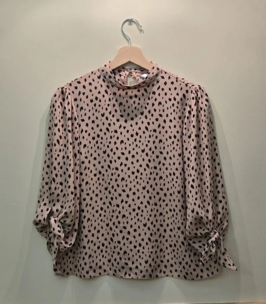 Dorothy Perkins Petite Beige Polka Dot Blouse | UK 8 Petite | High Neck Puff Sleeve