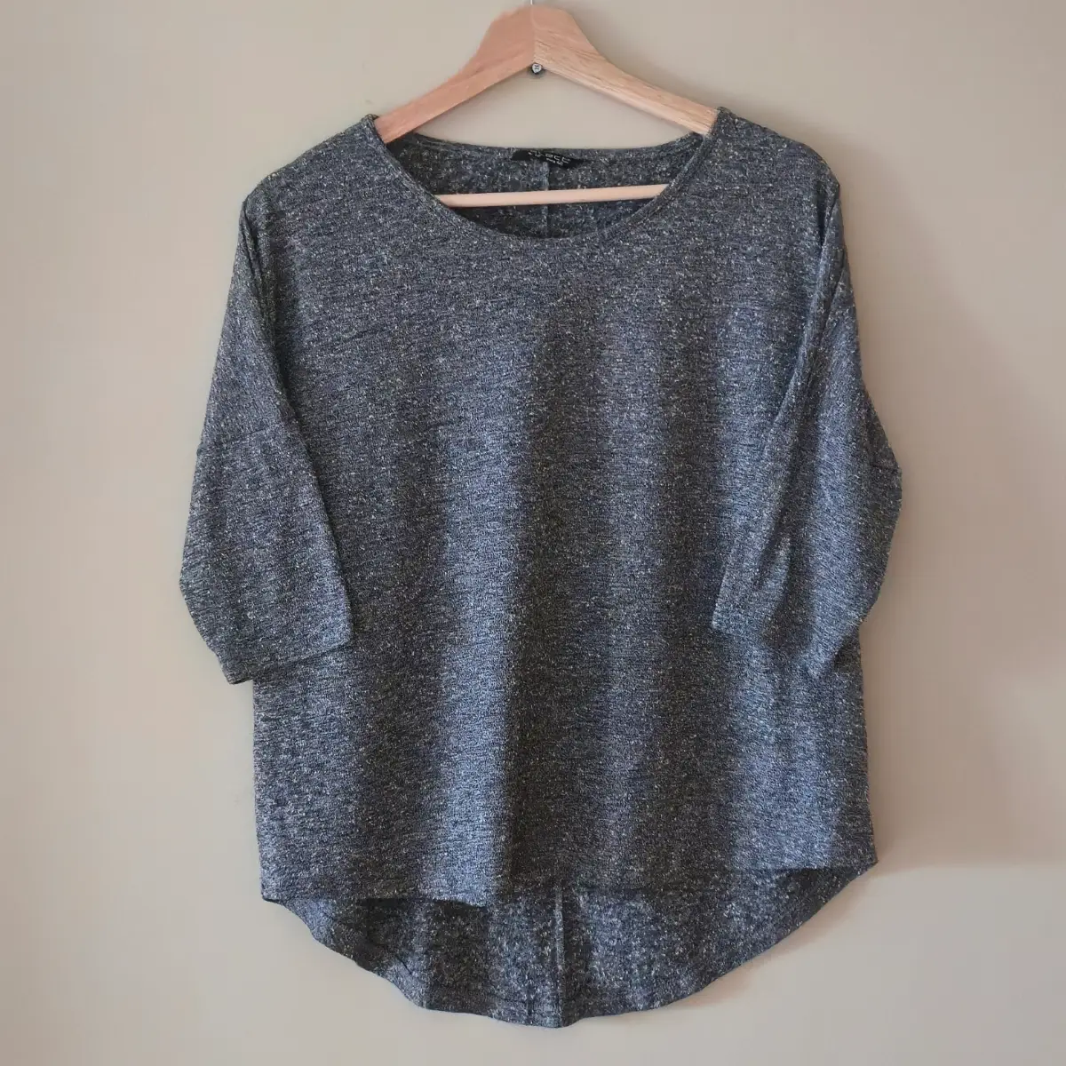 Select Grey Marl Textured Top UK 12 - Oversized 3/4 Sleeve Hi Low Hem