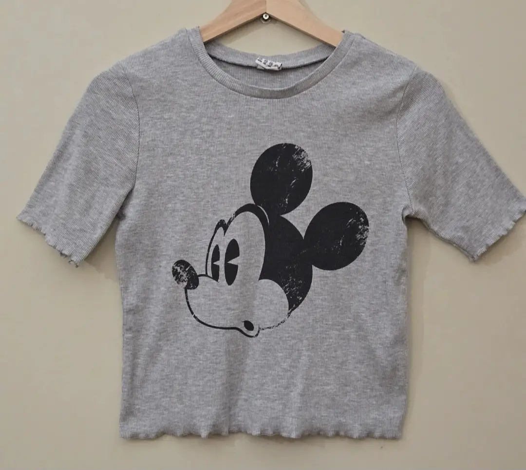 Disney x Atmosphere Mickey Ribbed T-Shirt | Labelled UK 14 | Fits UK 6-8 / S | Y2K Lettuce Trim