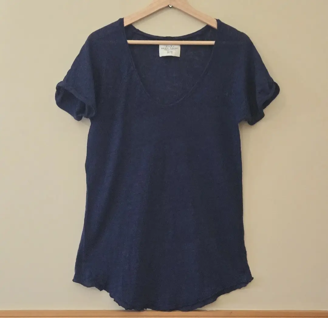 Zara Navy Scoop Neck T‑Shirt M UK8‑10 Slub Knit Longline Lagenlook Top