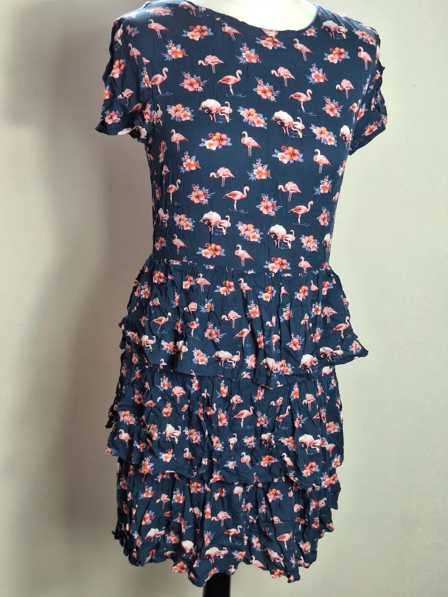 Oasis Navy Flamingo Print Tiered Mini Dress - Size 10