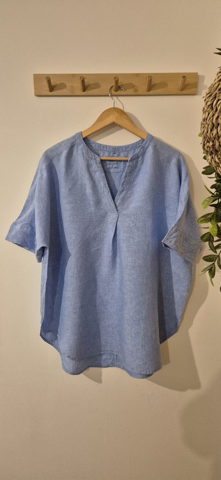 M&S Pure Linen Blue Popover Blouse Top Size 16 Excellent Like New Flax Tunic