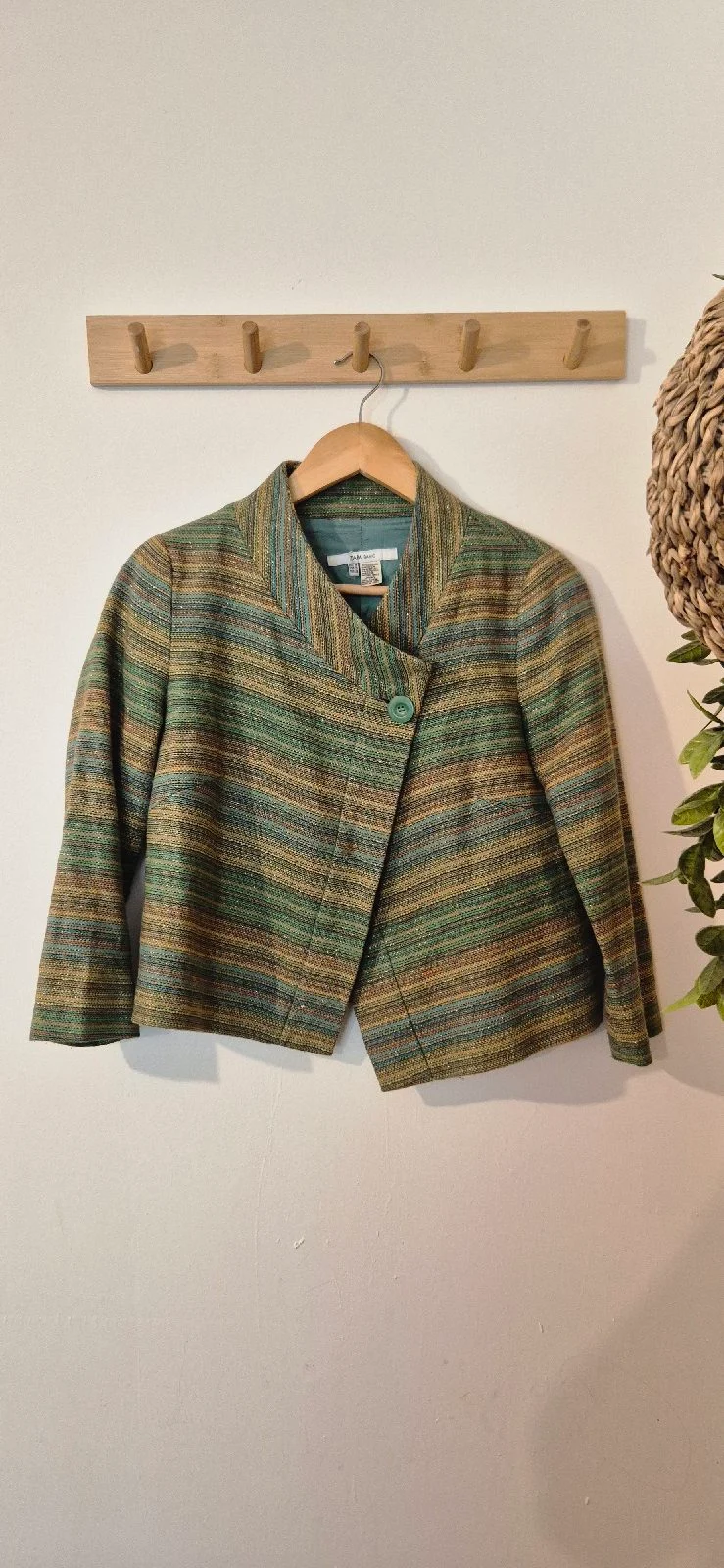 Vintage 2005 Zara Basics Striped Cropped Jacket Green Multi Tweed Style M UK 10