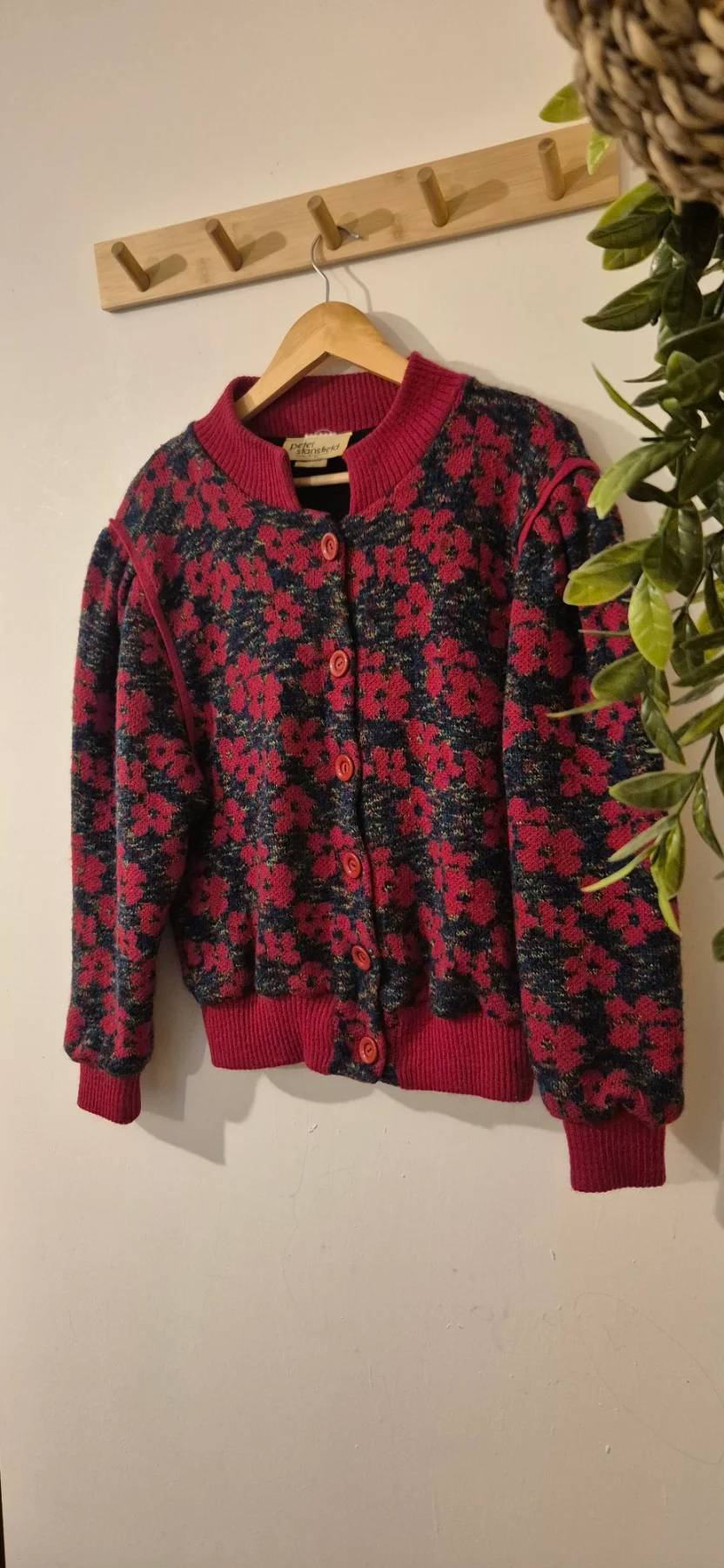 Vintage 80s Peter Stansfield Floral Knit Cardigan Jumper | Pink & Blue Bomber Style Sweater  M