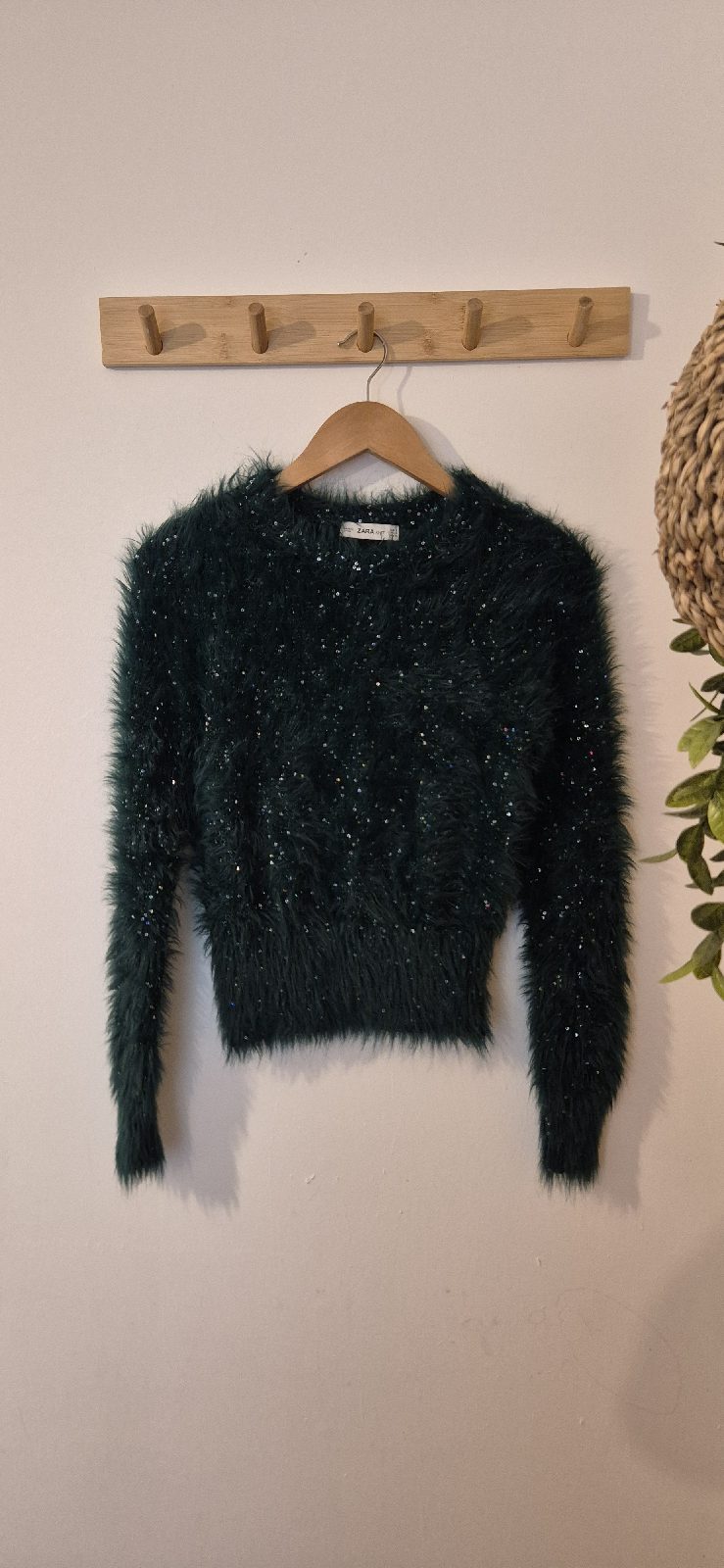 ZARA Emerald Green Fluffy Sequin Knit Jumper Top Crop Sweater UK 8 / EUR S Pristine