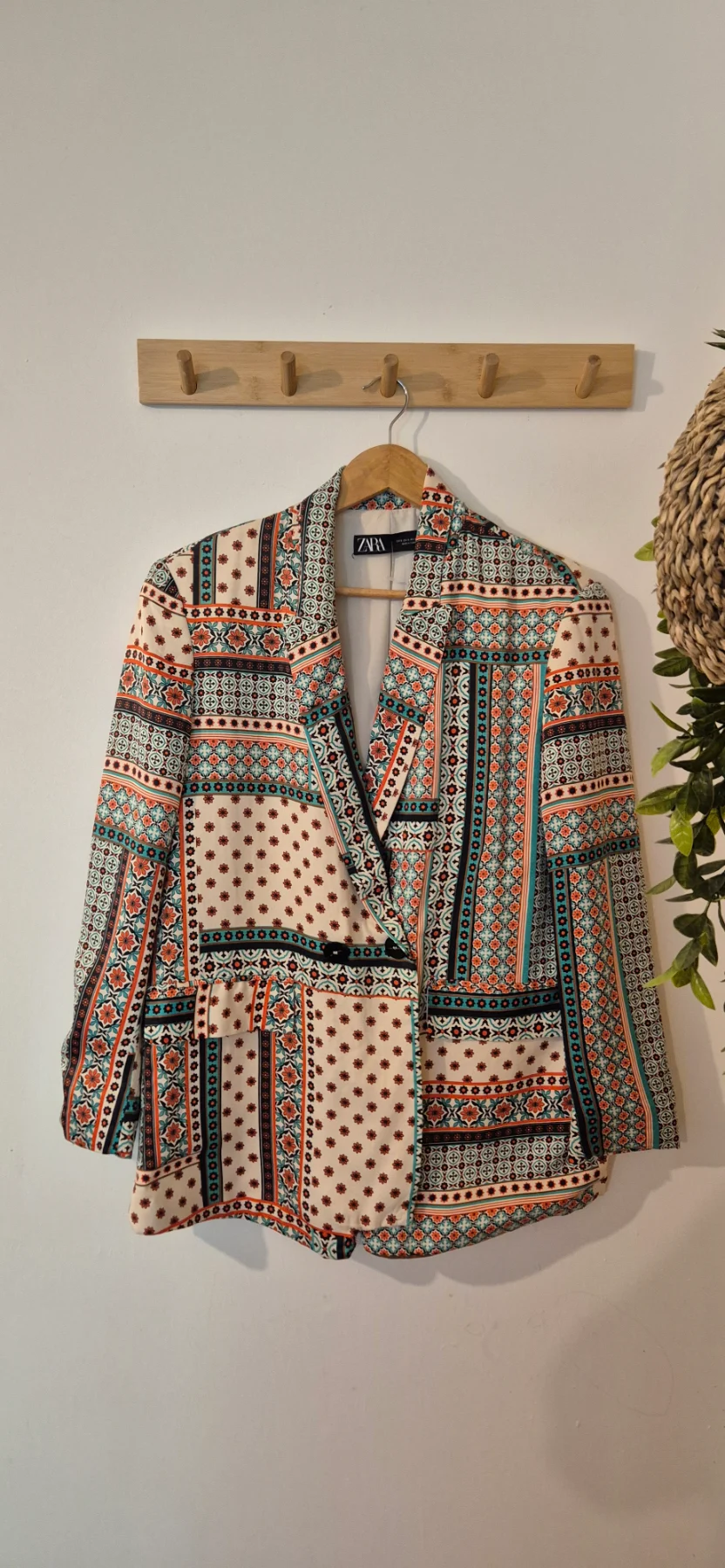 Zara Printed Patchwork Satin Effect Blazer Jacket Multicolor Boho Size Small Excellent