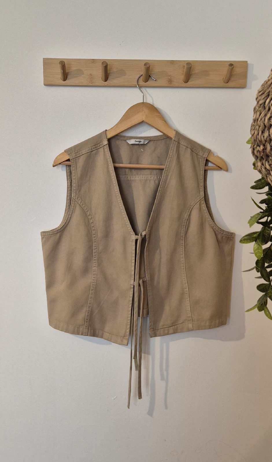 George Women’s Cropped Neutral Tan Tie-Front Waistcoat / Sleeveless Boho Vest - Size 14
