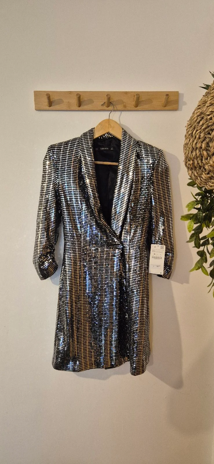 ZARA BNWT Silver Metallic Mirror Sequin Wrap Blazer Tuxedo Mini Dress UK XS 6 8