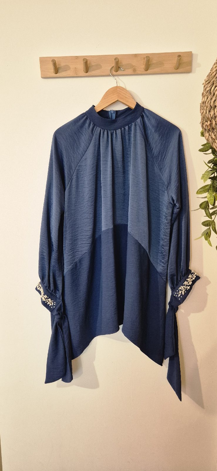 Melike Tatar Blue Colorblock Tunic Blouse Pearl Cuff High Neck Modest Top UK 12 14