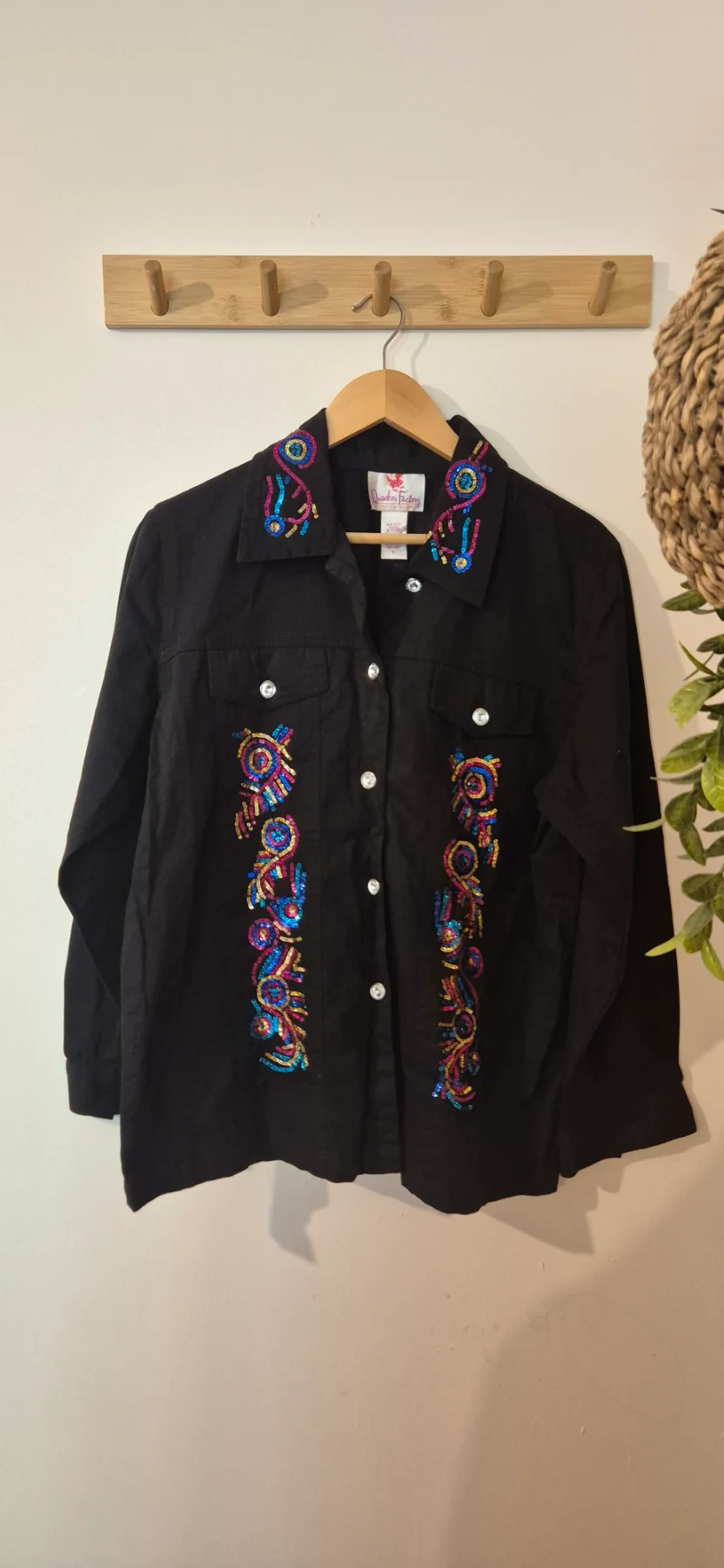 VTG Quacker Factory Sequin Dragonfly Shirt Jacket Black Large EXCELLENT
