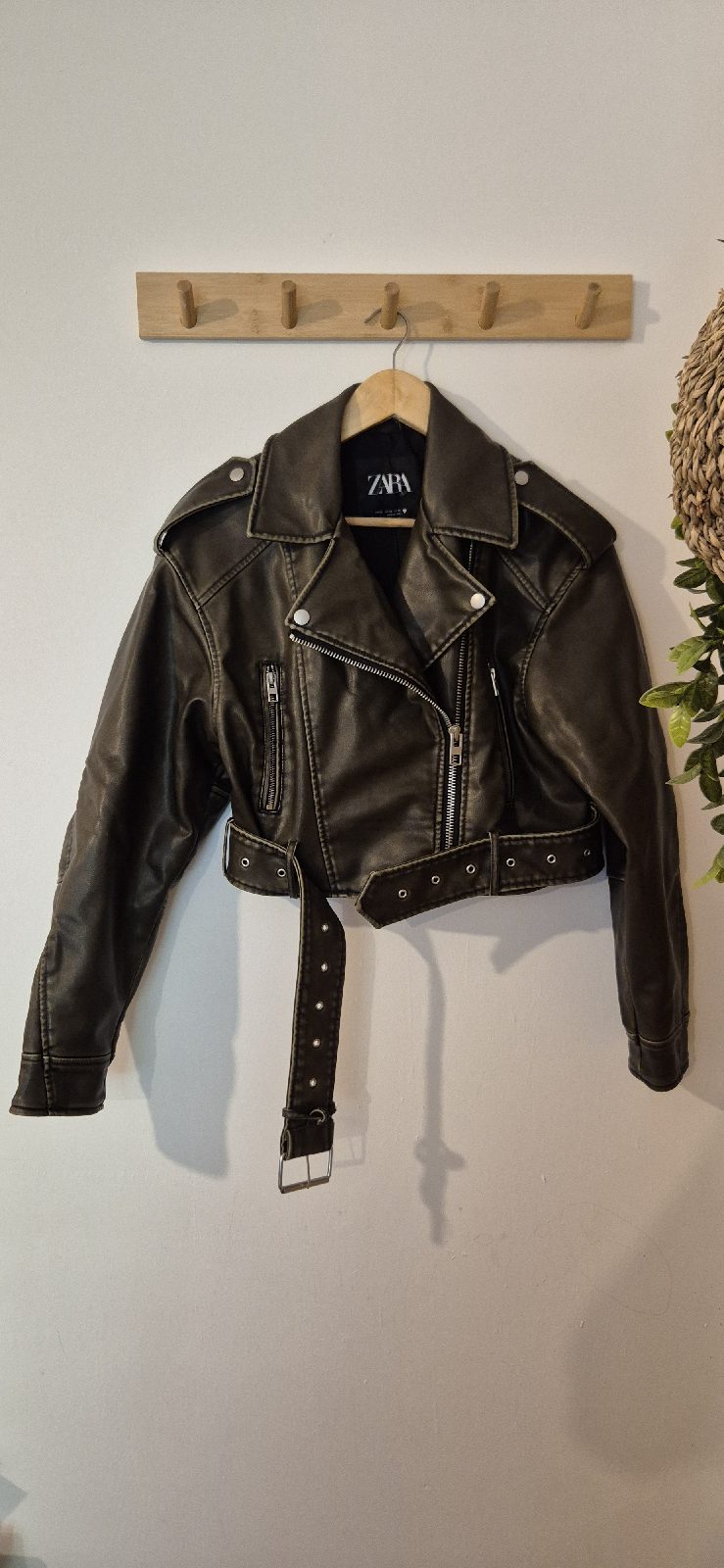 Zara Distressed Faux Leather Biker Jacket Brown Cropped Belted Moto Coat UK 6 8 XS