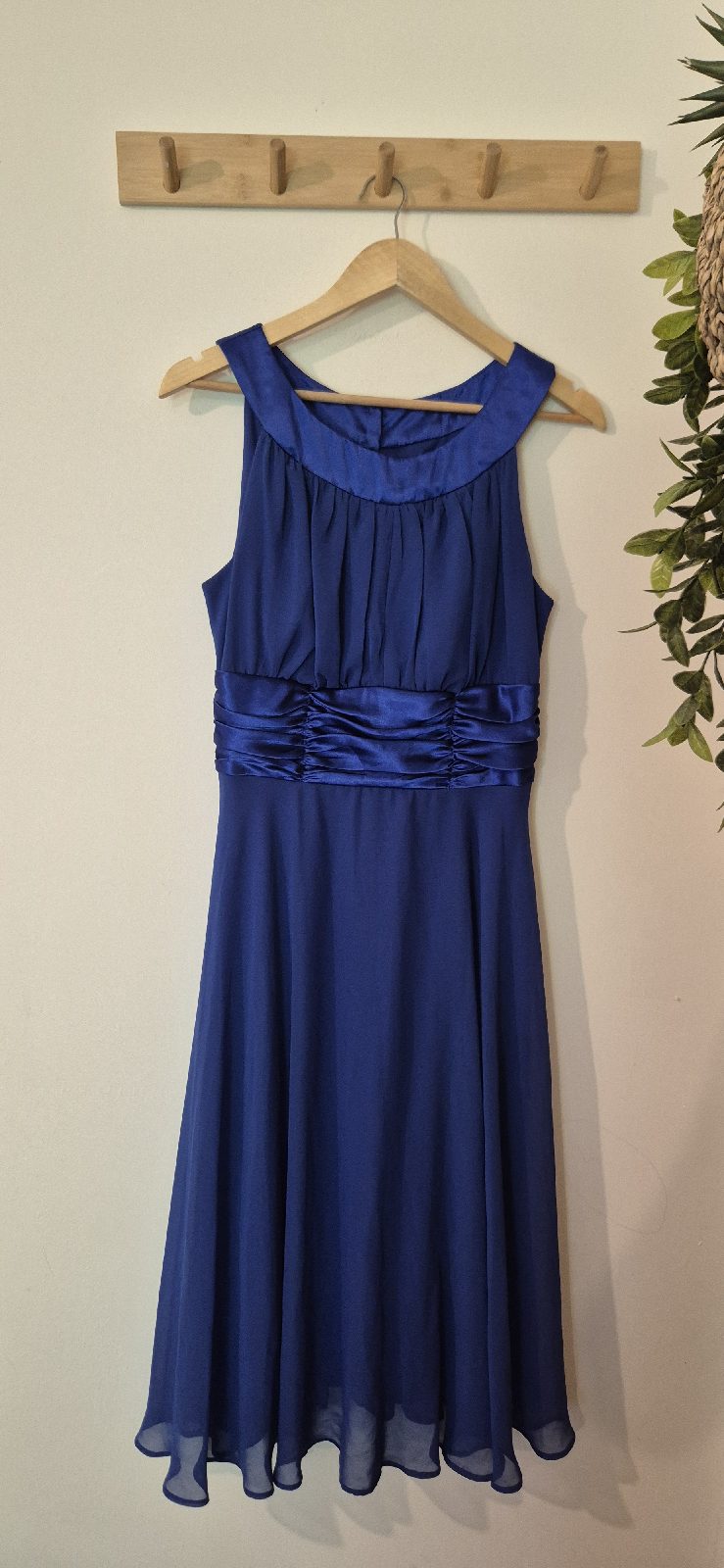 Connected Apparel Royal Blue Chiffon Cocktail Dress Satin Ruched Midi UK 8 Pristine