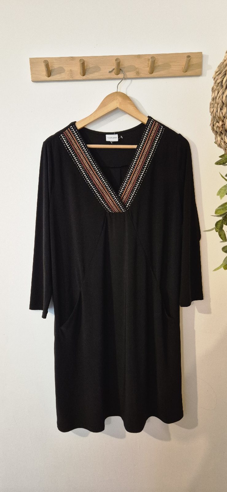 Together Women’s Black V-Neck Shift Dress Geometric Aztec Embroidered Trim - Size 16